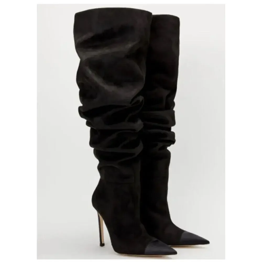 Good American Over the Knee Slouch Suede Boots Black GA173K-X Women's 7.5 NWOB